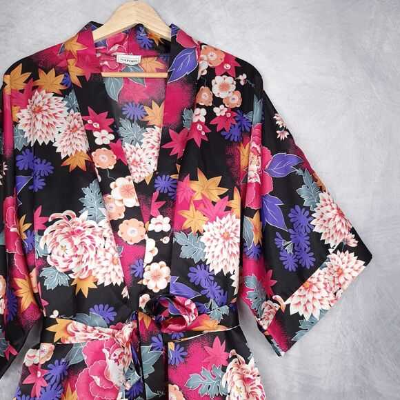 Natori Robe and Nightgown Set Womens S/M Black Pink Floral Satin Slip Kimono - Picture 1 of 16